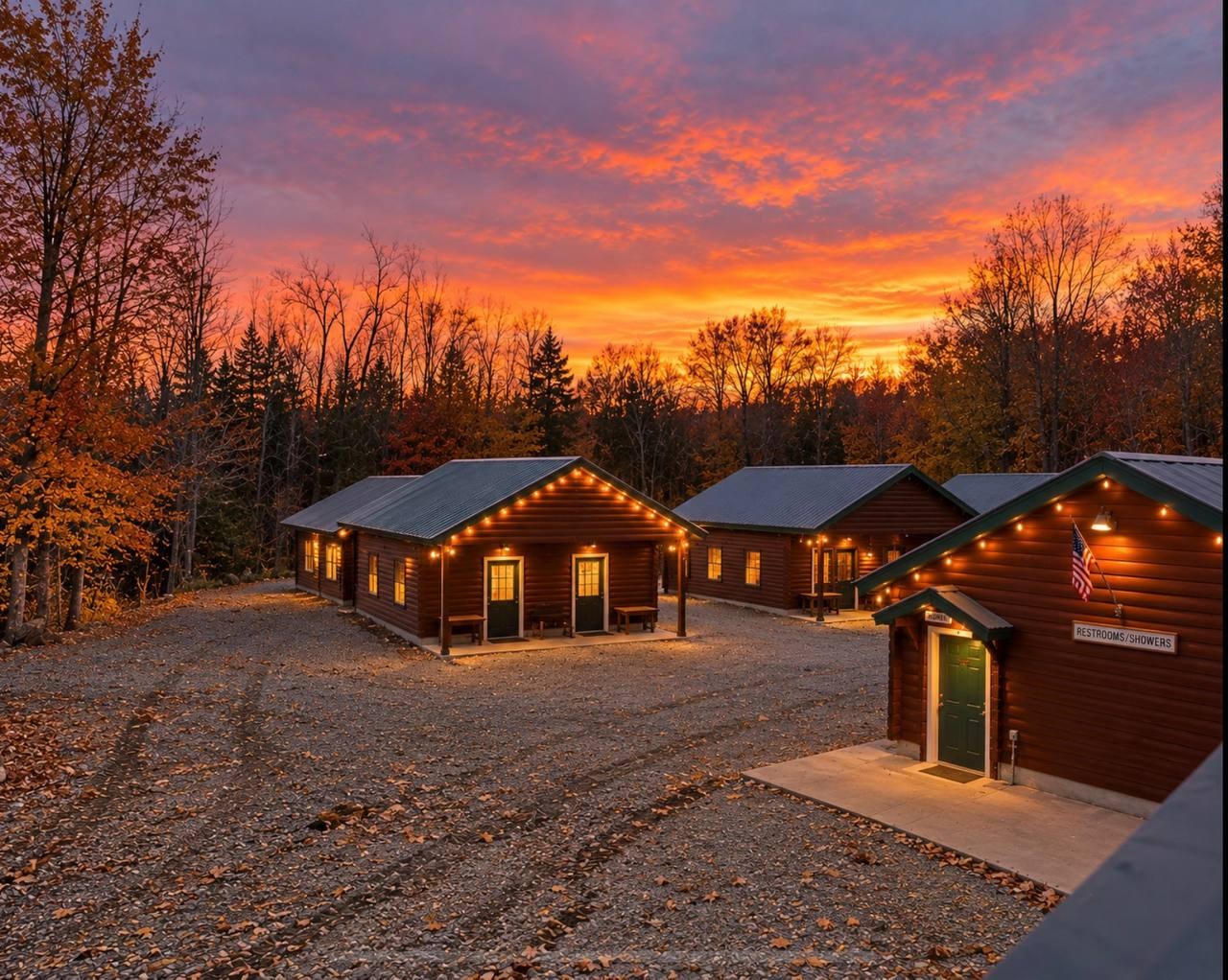 Sunset over the cabins at base camp