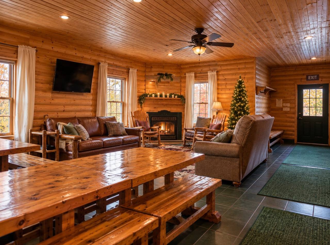 The lodge common room with fireplace
