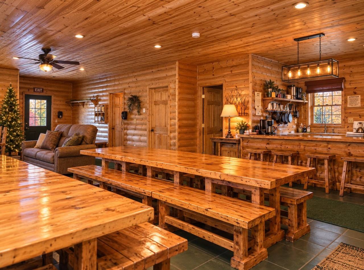 The lodge dining hall and kitchen