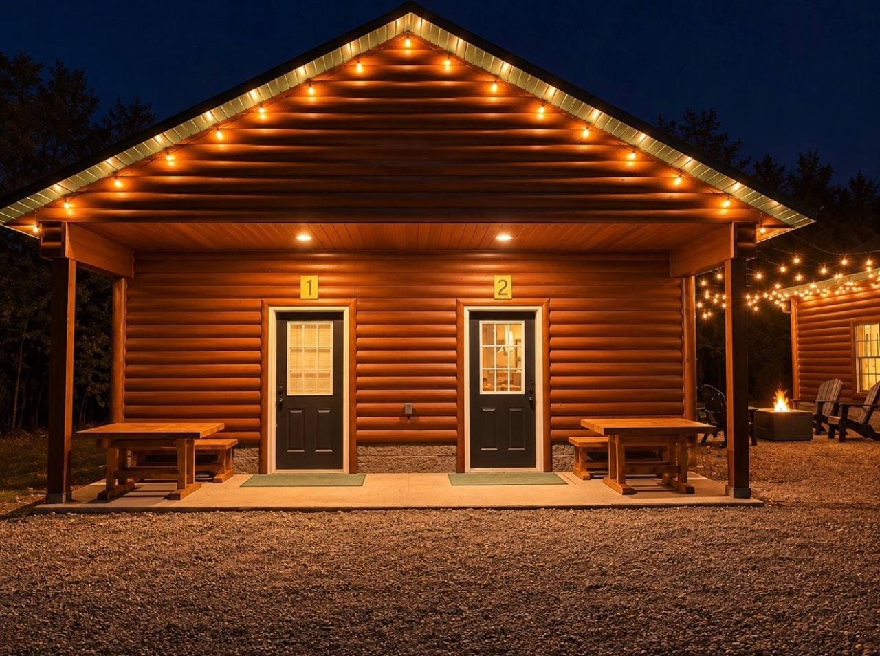 Cabins one and two lit at night